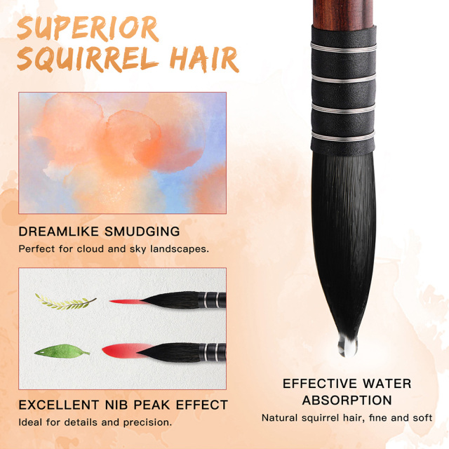 High-Quality 6PCS Squirrel Hair Watercolor Brush Set Soft Luxurious Hair Black Wooden Handle Artist Paint Brushes