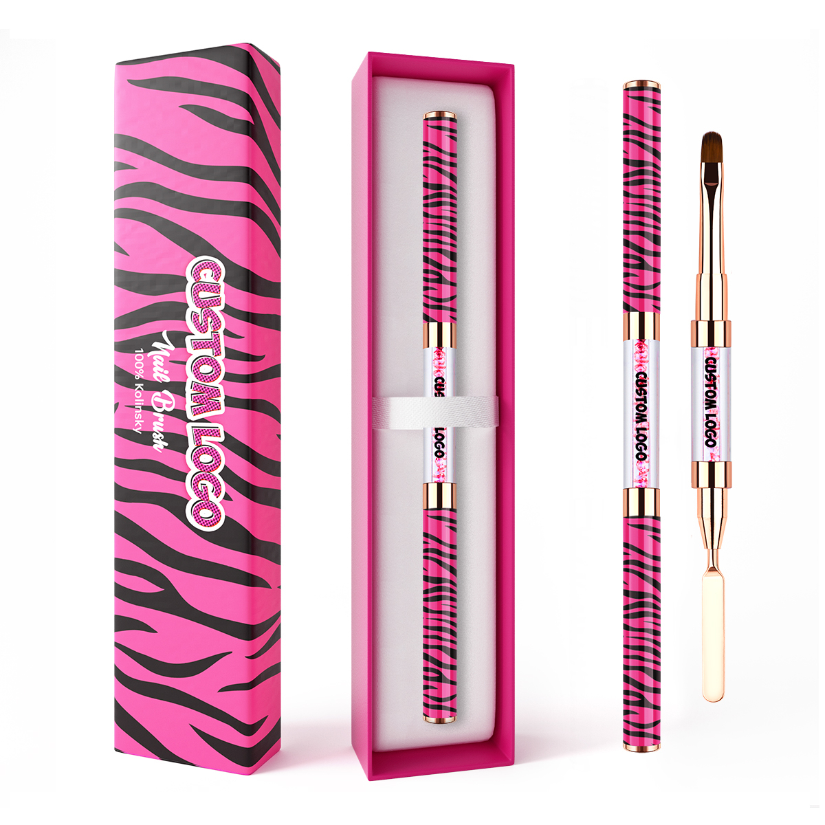 Hot Style Nail Art Tools Scraper Custom Pink Zebra Acrylic Kolinsky Gel Brush for Nails