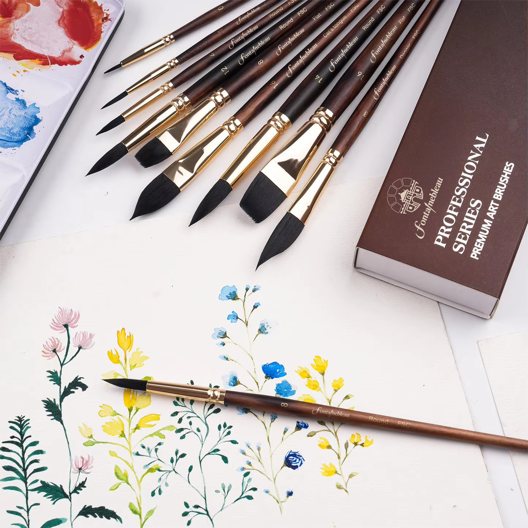 10pcs Soft Synthetic or Squirrel Hair Round Pointed Bristle Watercolor Paint Brush Set