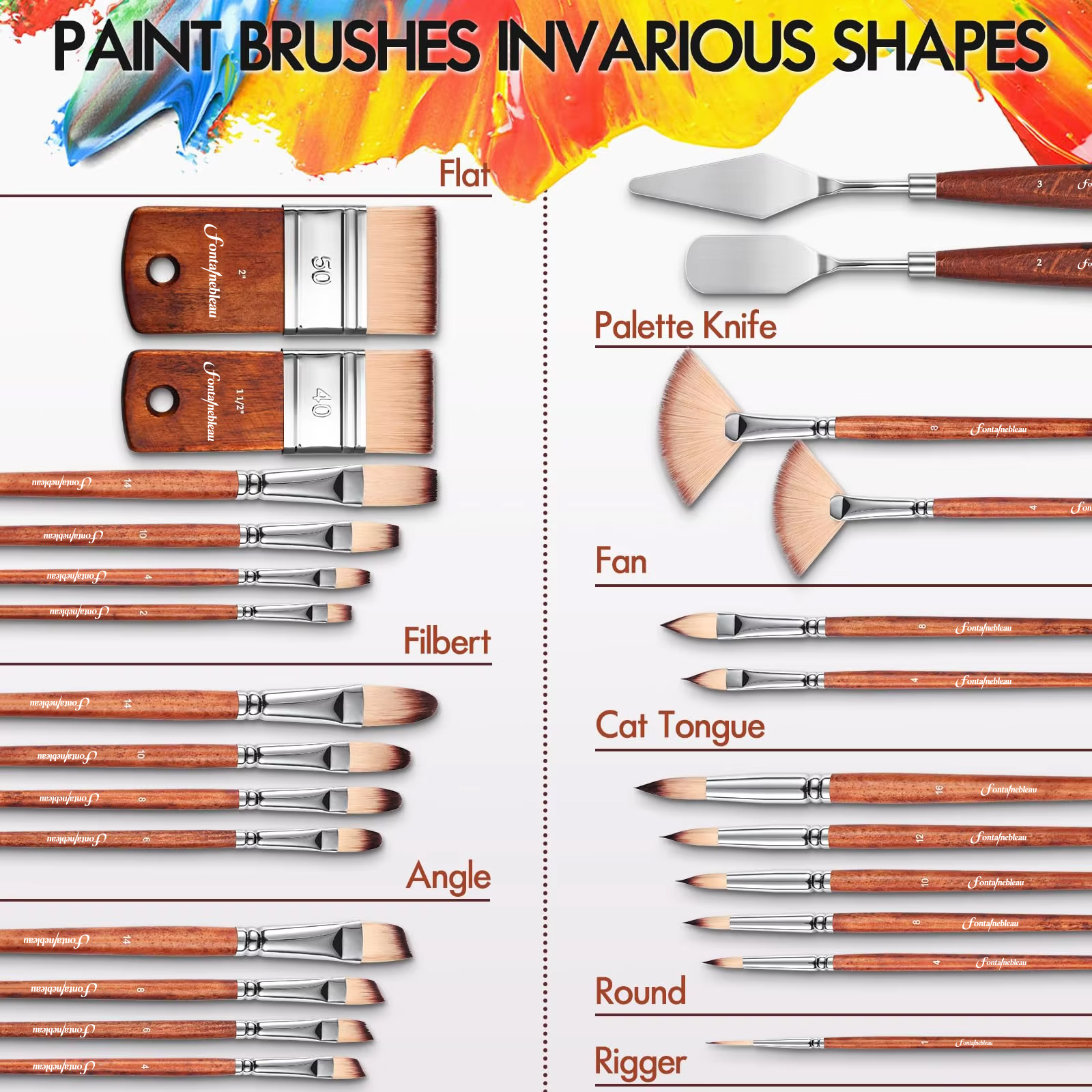 26pcs Artist Paint Brush Set Multi-Shape Nylon Hair for Watercolor Acrylic Oil Painting Custom Logo Wooden Handle