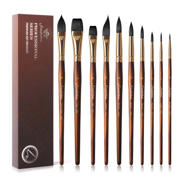 10pcs Soft Synthetic or Squirrel Hair Round Pointed Bristle Watercolor Paint Brush Set