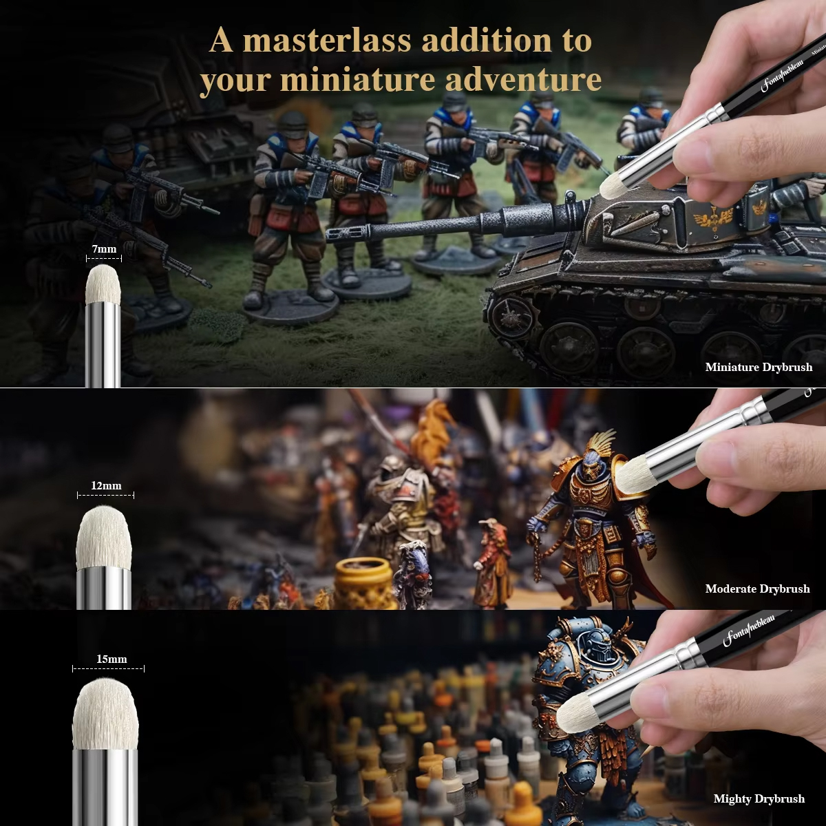 Masterclass Drybrush Set Hobby Detail Paint Brush Set 3 Sizes for Advanced & Professional Art Miniature Watercolor Oil Painting
