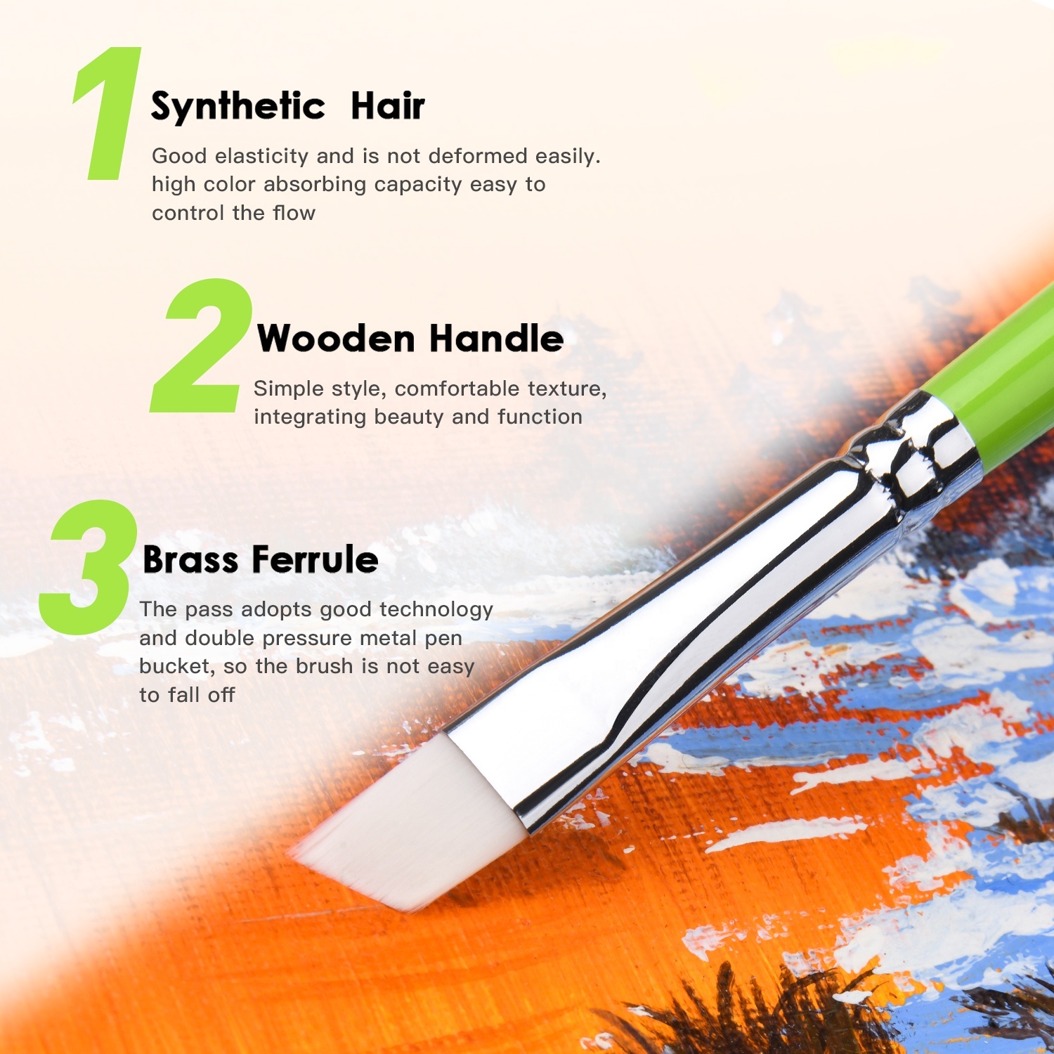 Professional 6pcs Green Black Wood Handle Paint Brush White Taklon Nylon Face Paint Brush for Art Painting