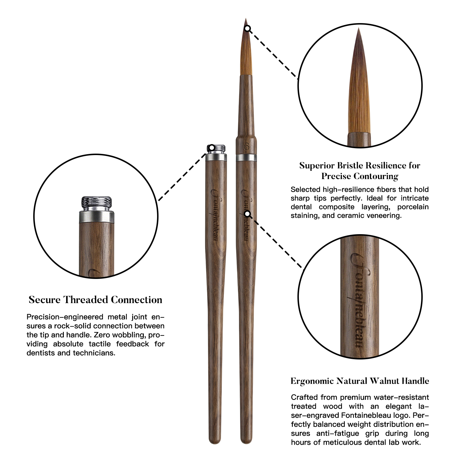 Premium Kolinsky Dental Brush System Replaceable Tips Walnut Wood Handle Dental Lab Porcelain Ceramic Staining Brush