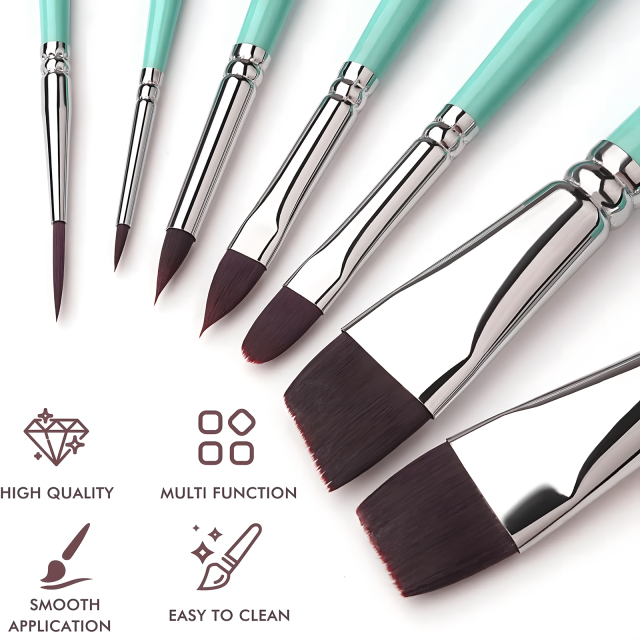 Fontainebleau Premium Synthetic Hair Private Label Custom Acrylic Paint Brushes Flat Angular Round Face Painting Brush 7pcs/set