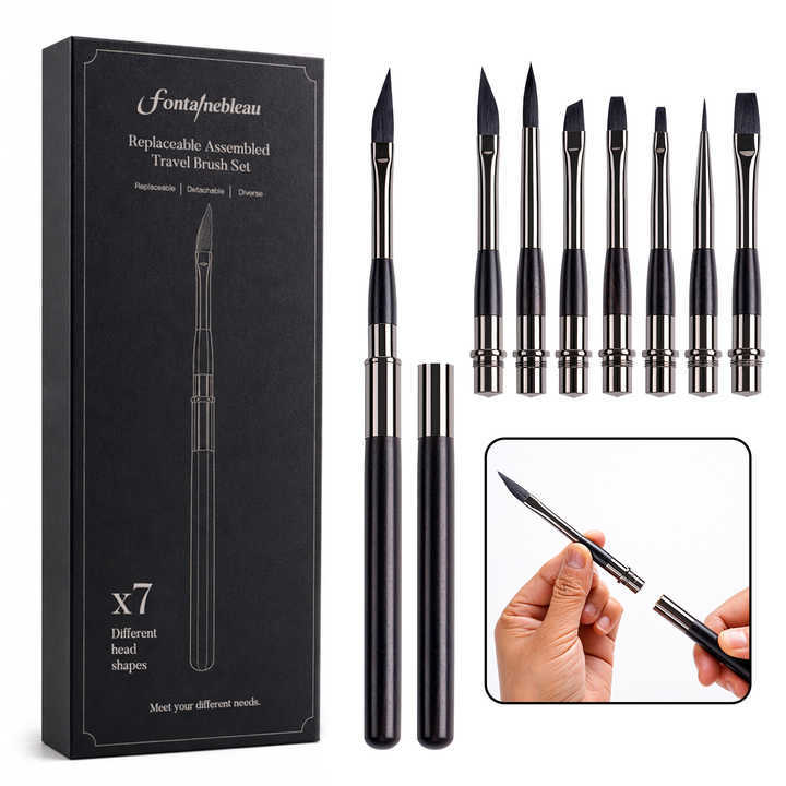 Premium Handle Replaceable Artist Paint Brush Set Interchangeable 7 Head Assembled Travel Detail Paintbrush Kit for Watercolor