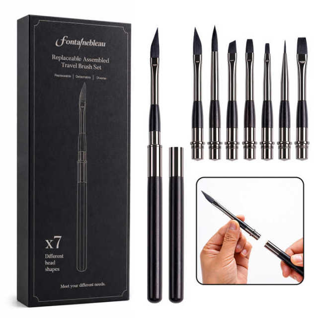 Premium Handle Replaceable Artist Paint Brush Set Interchangeable 7 Head Assembled Travel Detail Paintbrush Kit for Watercolor