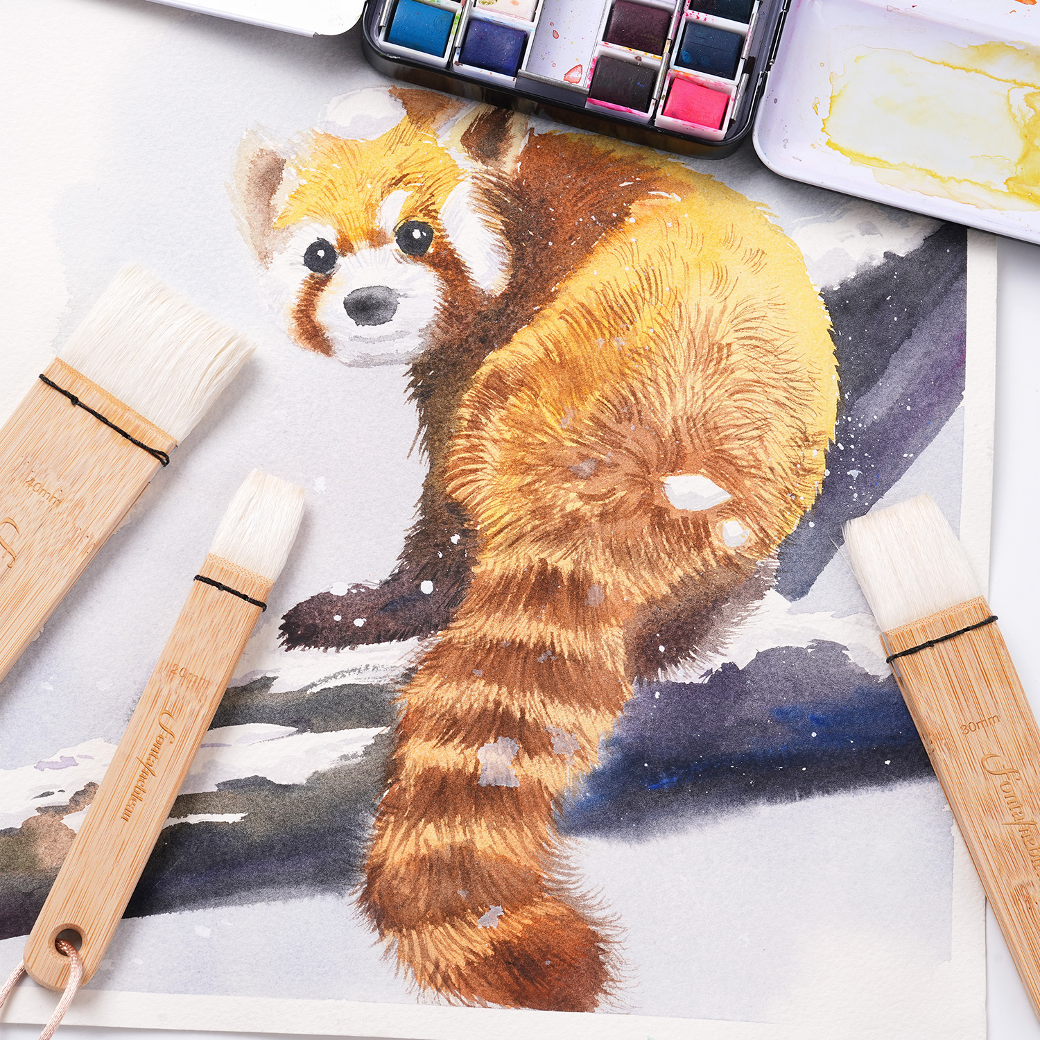 4PCS Natural Wool Hair Artist Watercolor Brushes Personalizable Flat Paddle Acrylic Paint Brush for Backgrounds Painting