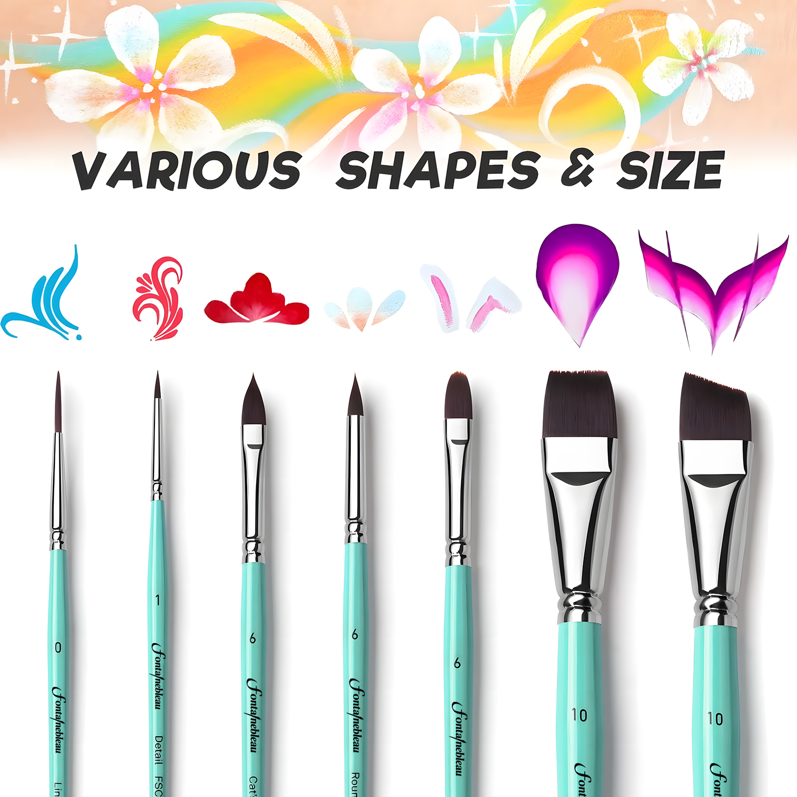 Fontainebleau Premium Synthetic Hair Private Label Custom Acrylic Paint Brushes Flat Angular Round Face Painting Brush 7pcs/set