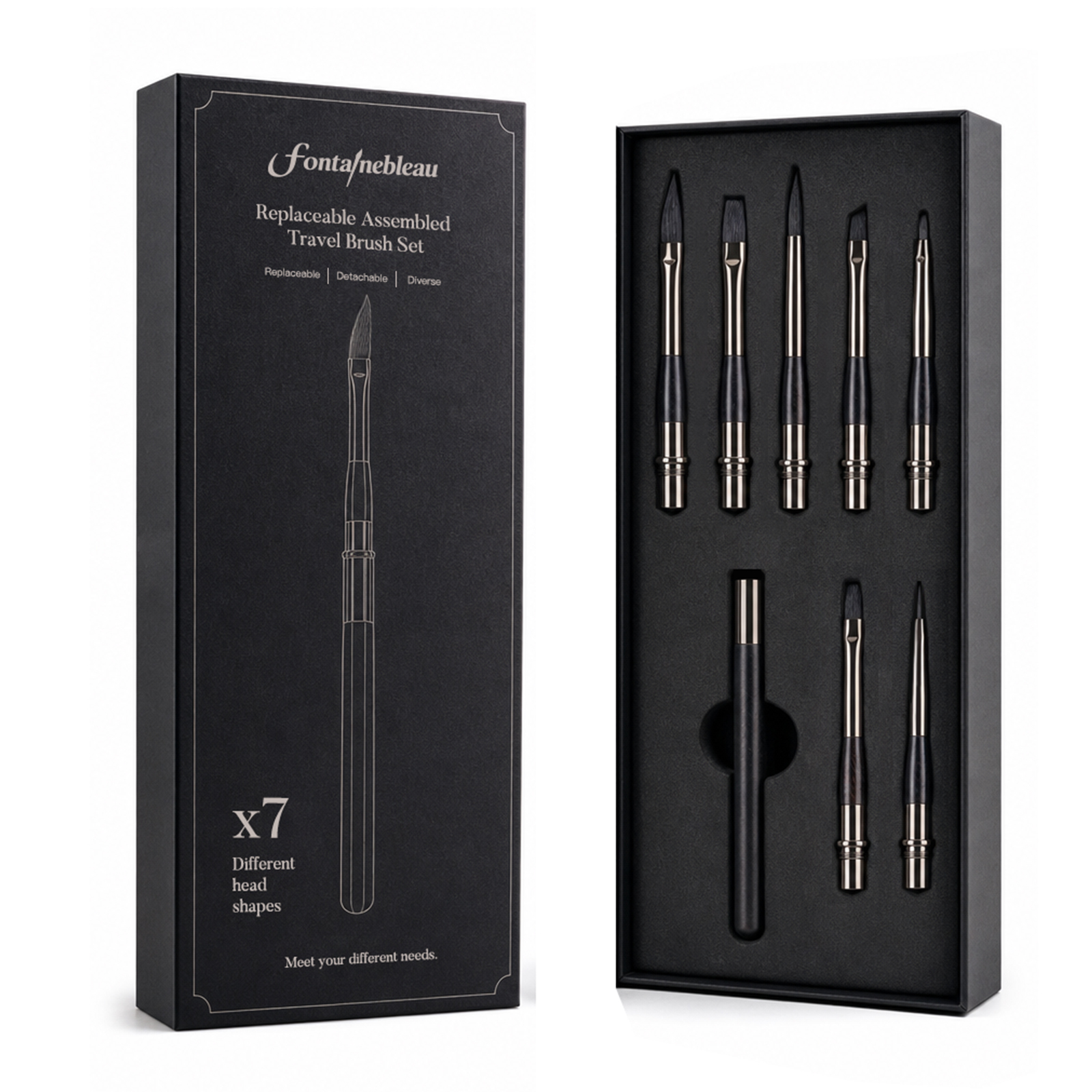 Premium Handle Replaceable Artist Paint Brush Set Interchangeable 7 Head Assembled Travel Detail Paintbrush Kit for Watercolor