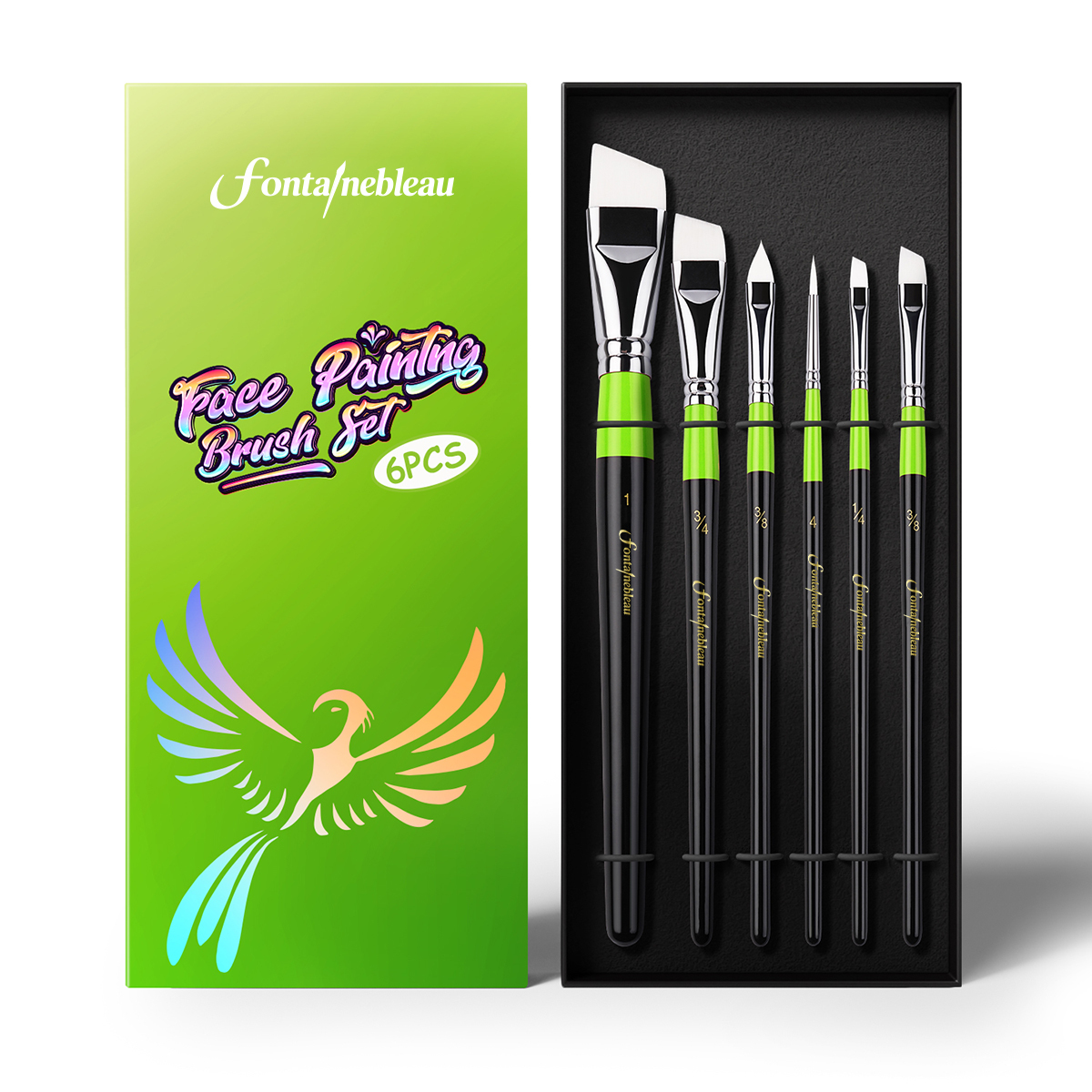 Professional 6pcs Green Black Wood Handle Paint Brush White Taklon Nylon Face Paint Brush for Art Painting