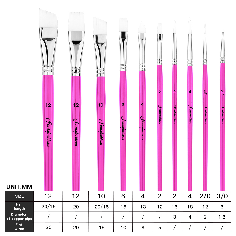 Fontainebleau10pcs Nylon Hair Face Body Painting Brush Rose Pink Wood Handle Detail Flat Face Paint Brushes Set