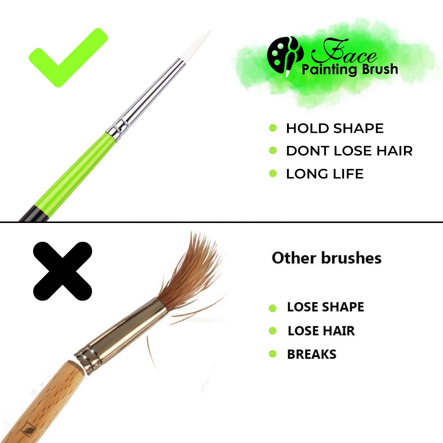 Professional 6pcs Green Black Wood Handle Paint Brush White Taklon Nylon Face Paint Brush for Art Painting