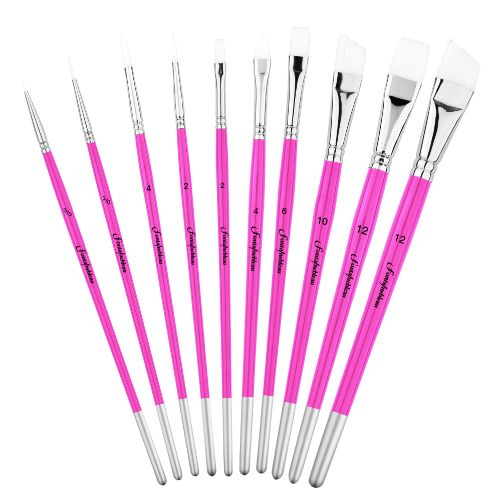 Fontainebleau10pcs Nylon Hair Face Body Painting Brush Rose Pink Wood Handle Detail Flat Face Paint Brushes Set