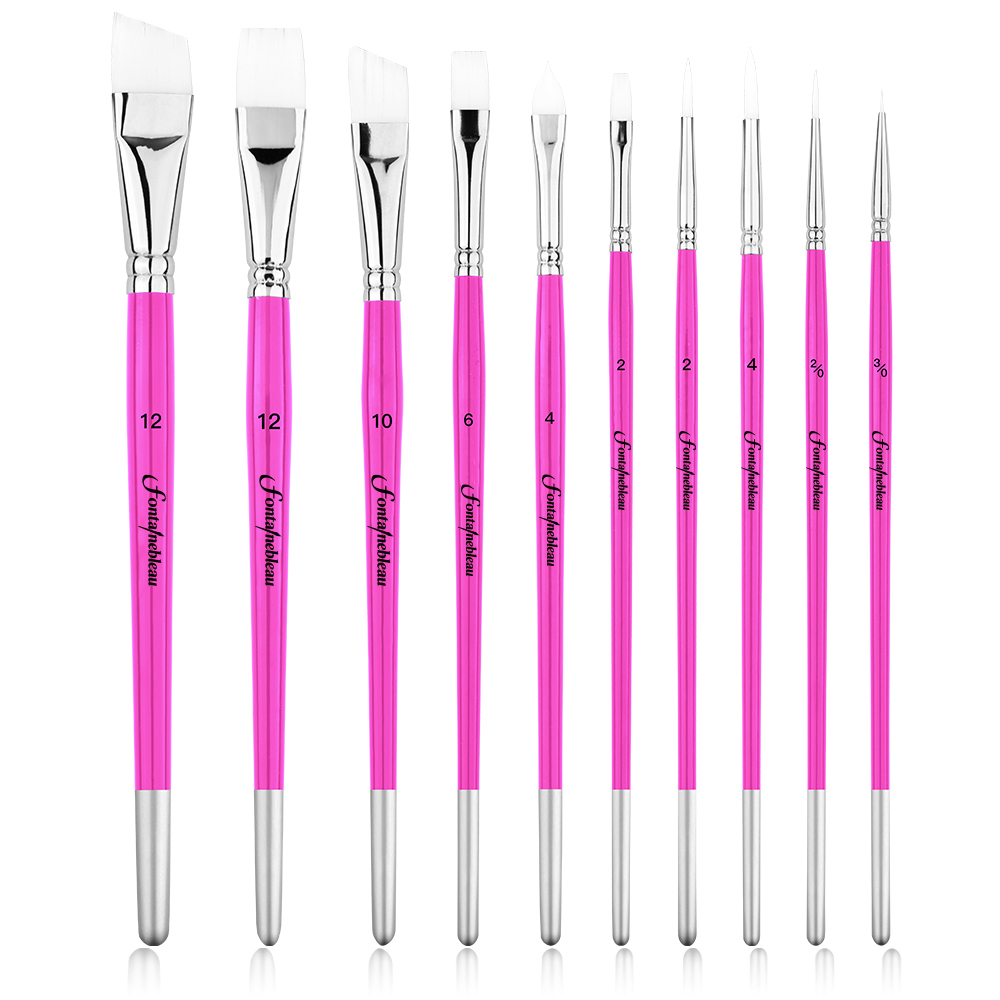 Fontainebleau10pcs Nylon Hair Face Body Painting Brush Rose Pink Wood Handle Detail Flat Face Paint Brushes Set