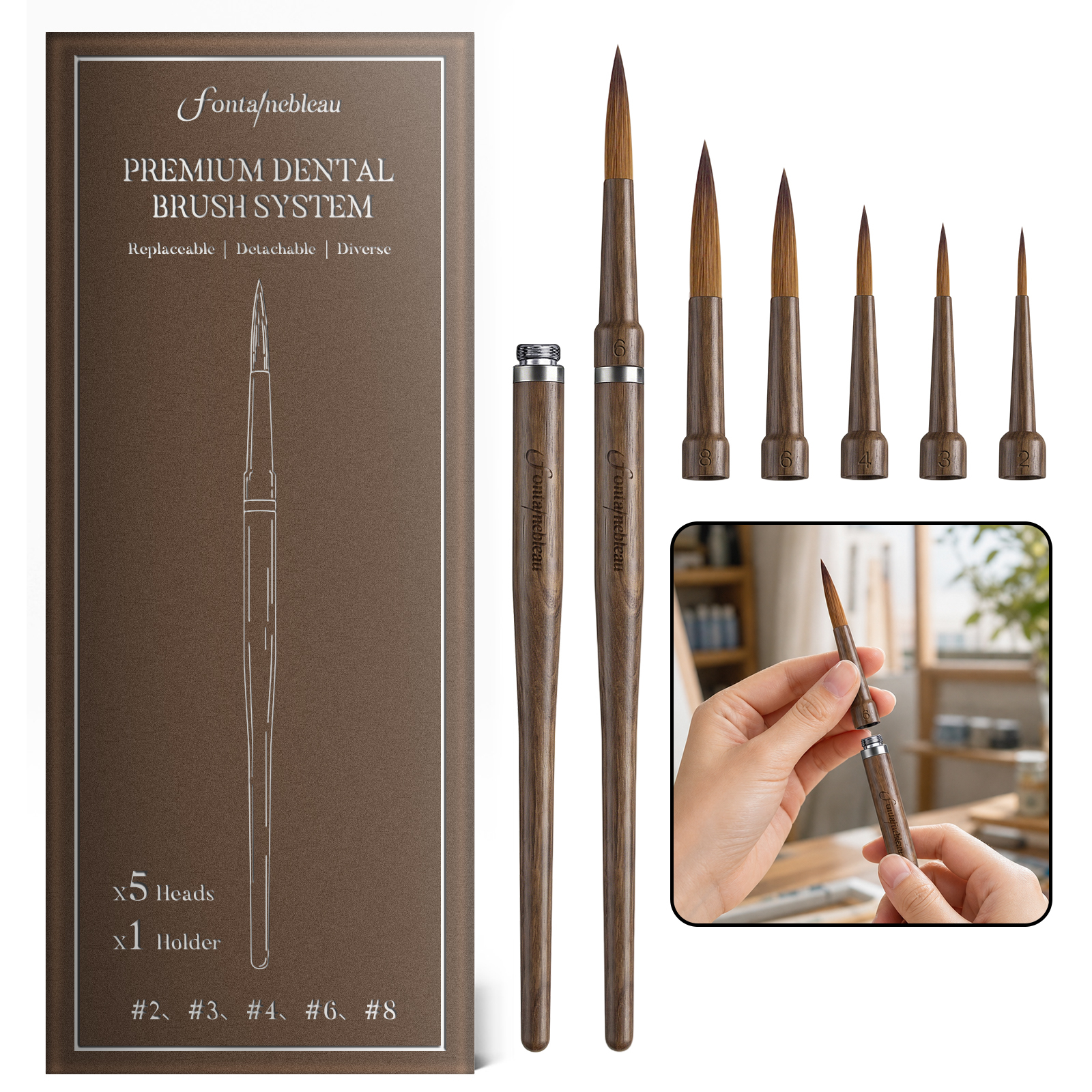 Premium Kolinsky Dental Brush System Replaceable Tips Walnut Wood Handle Dental Lab Porcelain Ceramic Staining Brush