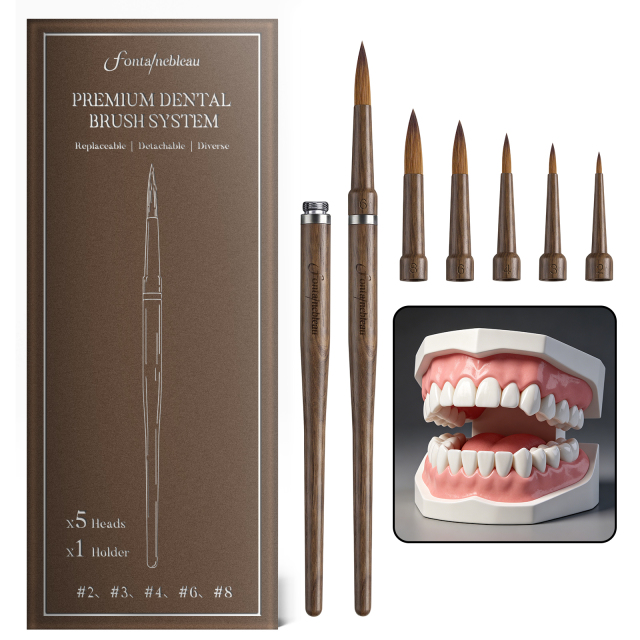 Premium Kolinsky Dental Brush System Replaceable Tips Walnut Wood Handle Dental Lab Porcelain Ceramic Staining Brush