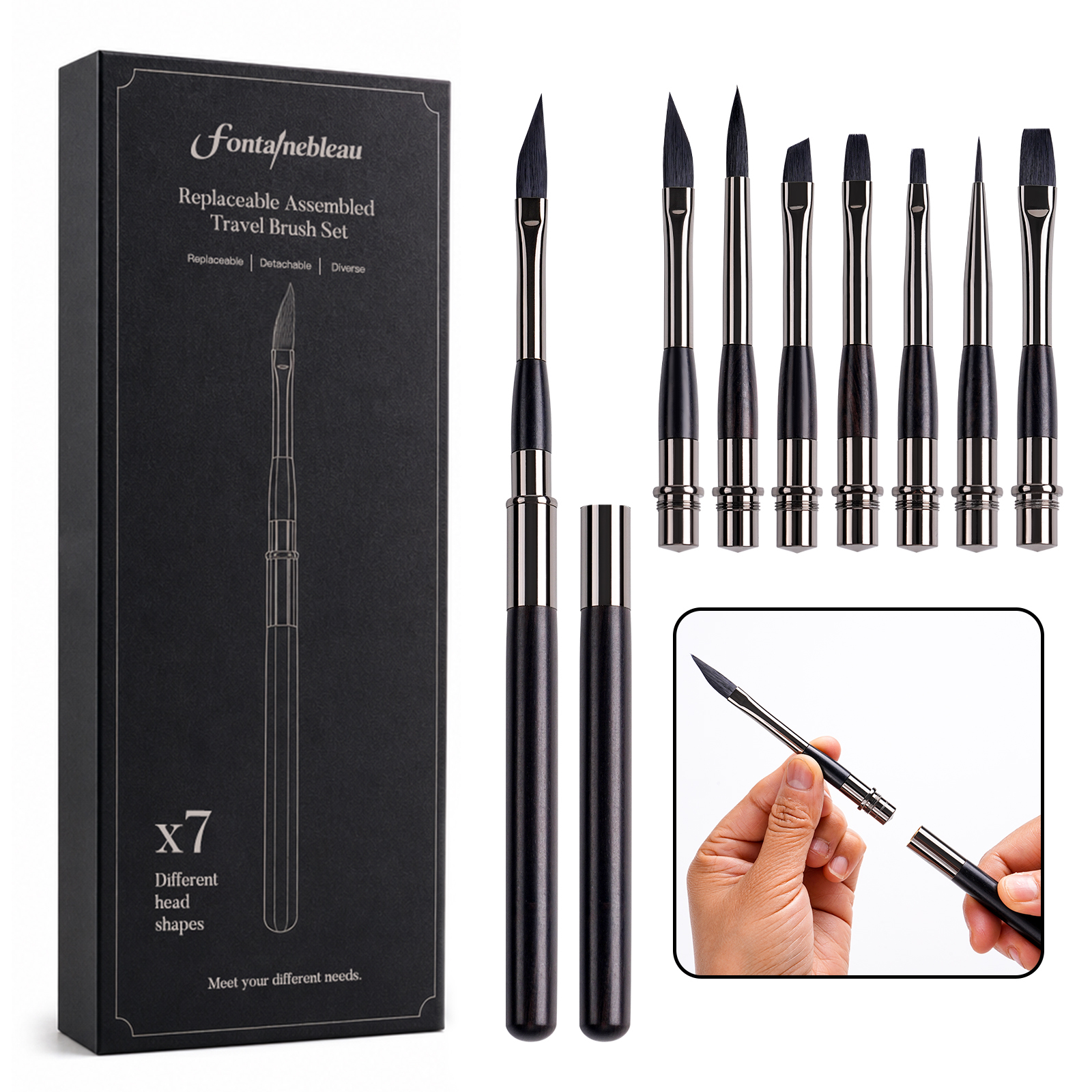 Premium Handle Replaceable Artist Paint Brush Set Interchangeable 7 Head Assembled Travel Detail Paintbrush Kit for Watercolor