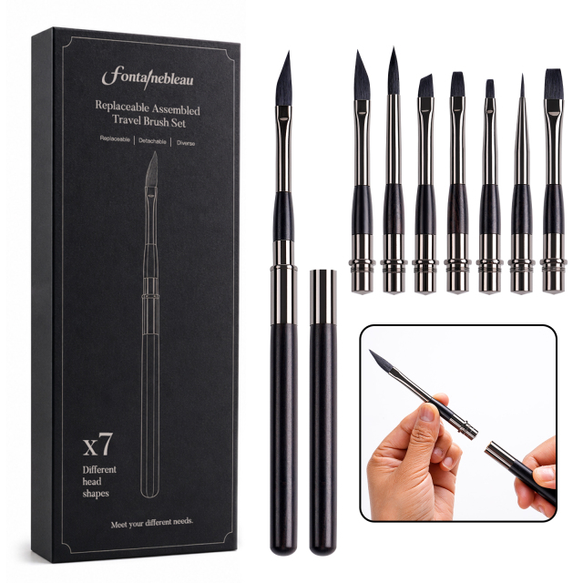 Premium Handle Replaceable Artist Paint Brush Set Interchangeable 7 Head Assembled Travel Detail Paintbrush Kit for Watercolor