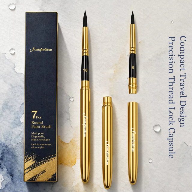 Vegan Synthetic Hair Travel Paint Brush with Golden Metal Handle