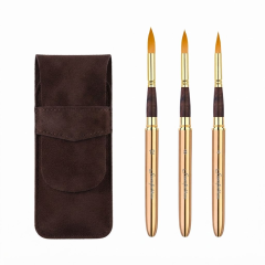 3-Piece Round Synthetic Hair Travel Watercolor Brush Set with Gold Handles