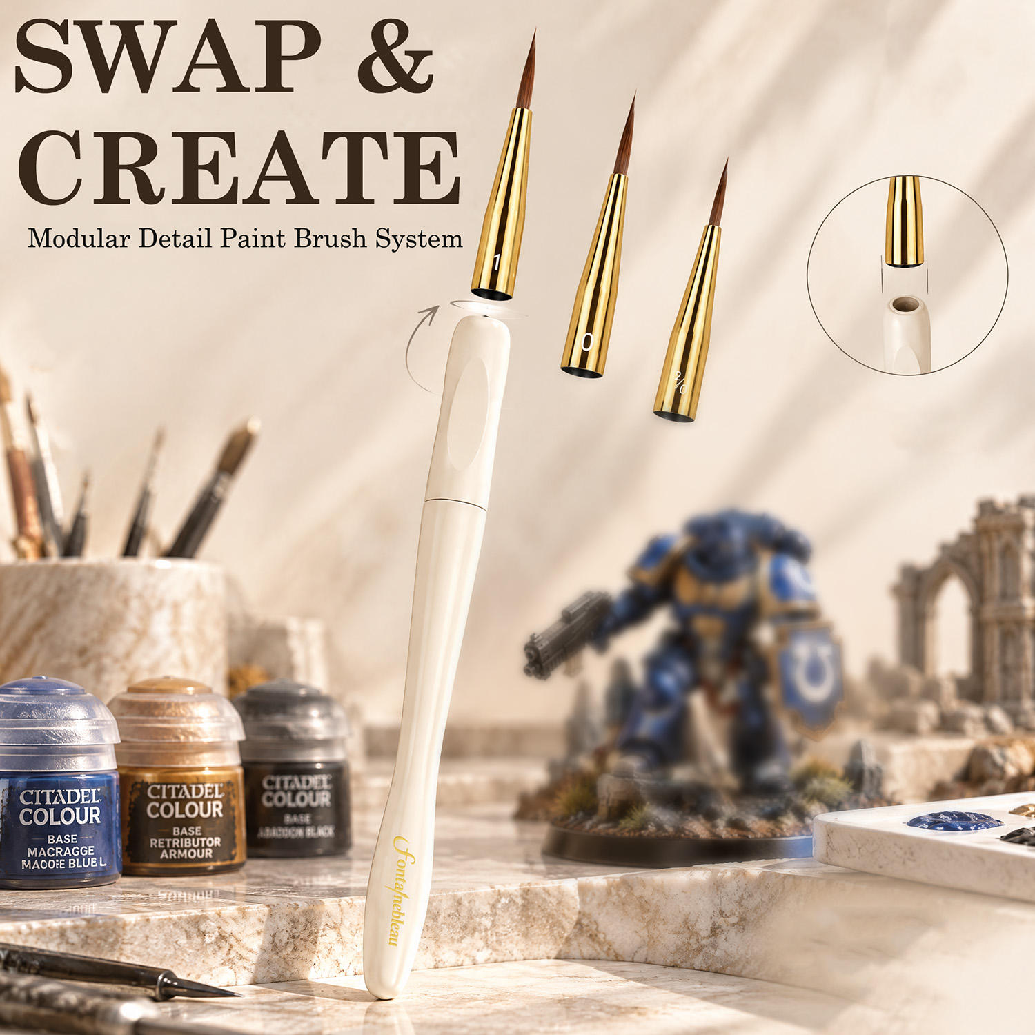 Replaceable Head Miniature Detail Paint Brush Set with Metal Handle