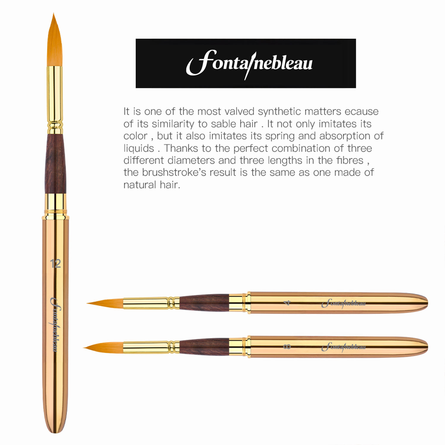 3-Piece Round Synthetic Hair Travel Watercolor Brush Set with Gold Handles