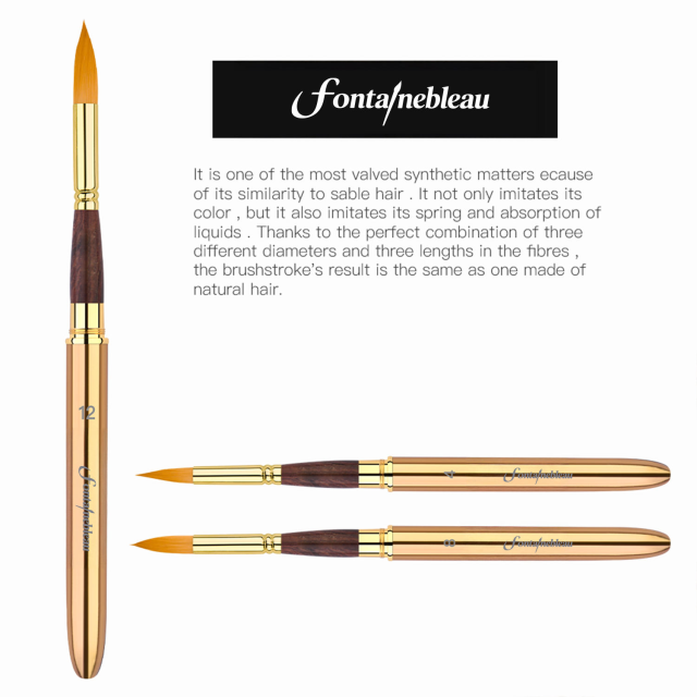 3-Piece Round Synthetic Hair Travel Watercolor Brush Set with Gold Handles