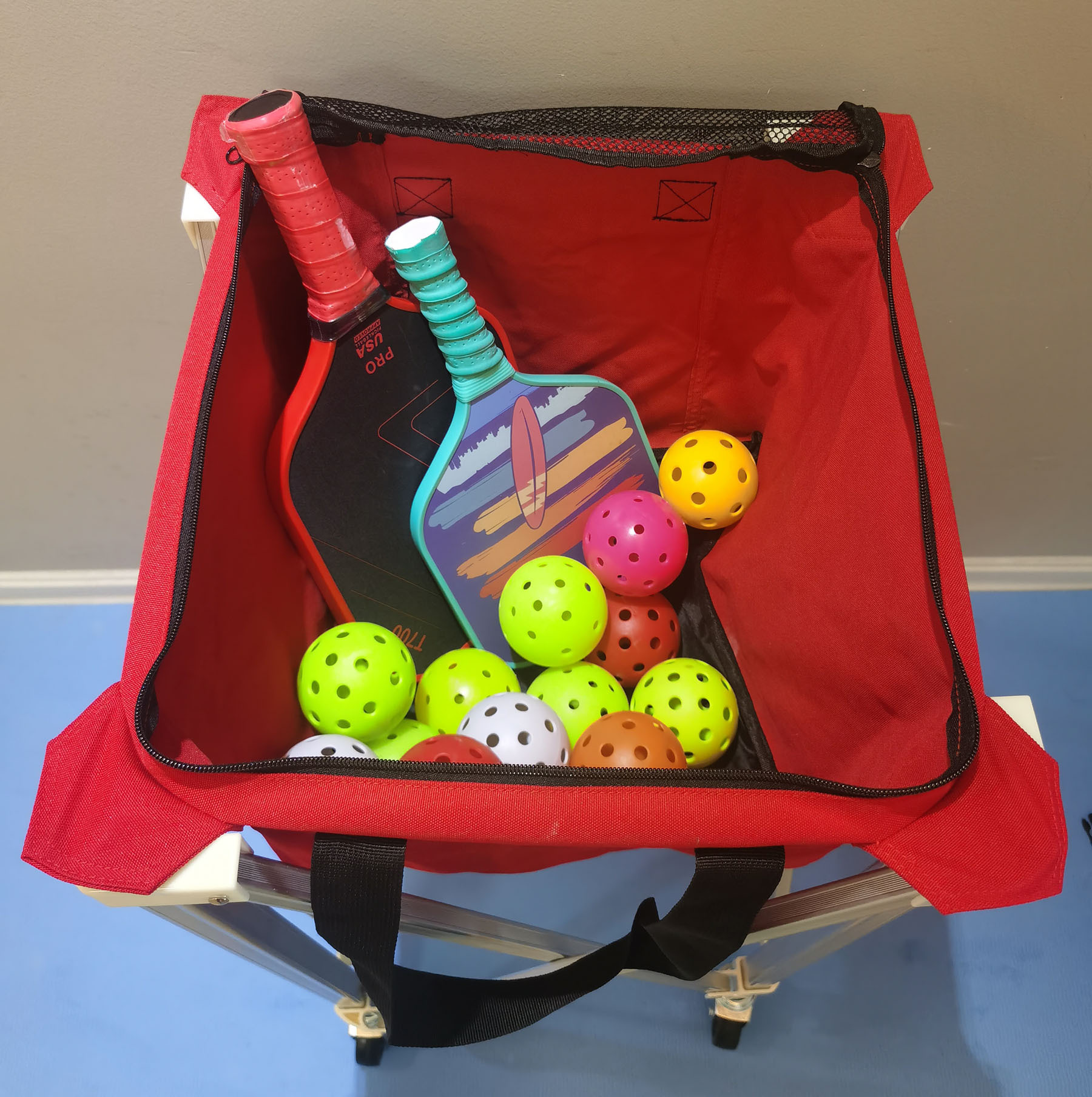Keranjang Bola Tenis Padel Pickleball Beroda Kapasitas Besar 160 Bola Kualitas Terbaik / Foldable Ball Cart Portable Ball Hopper with Wheels