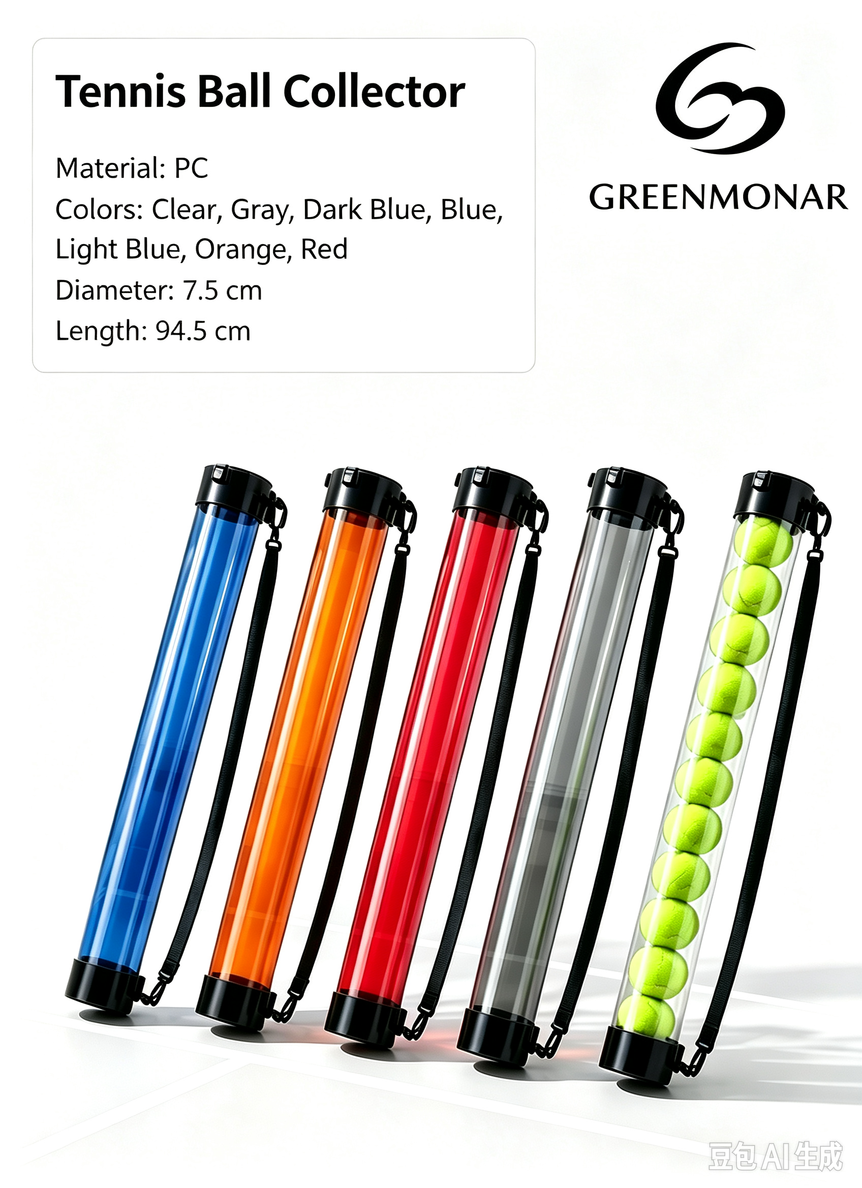 Tennis Ball Pickup Tube, 15 Balls Capacity, Transparent PC Tennis Ball Collector with Strap, Portable Tennis Training Storage Tube
