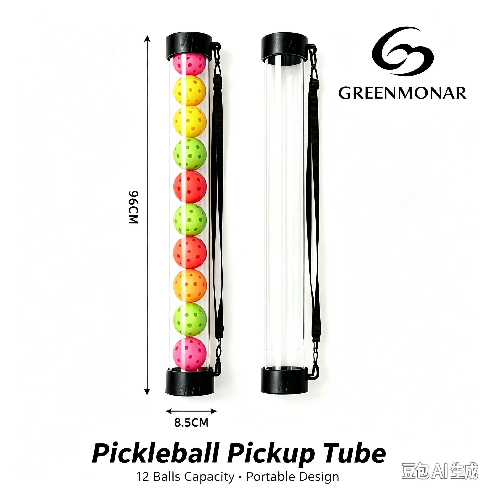 Pickleball Pickup Tube, 12 Balls Capacity, Transparent PC Pickleball Collector with Shoulder Strap, Portable Pickleball Training Storage Tube