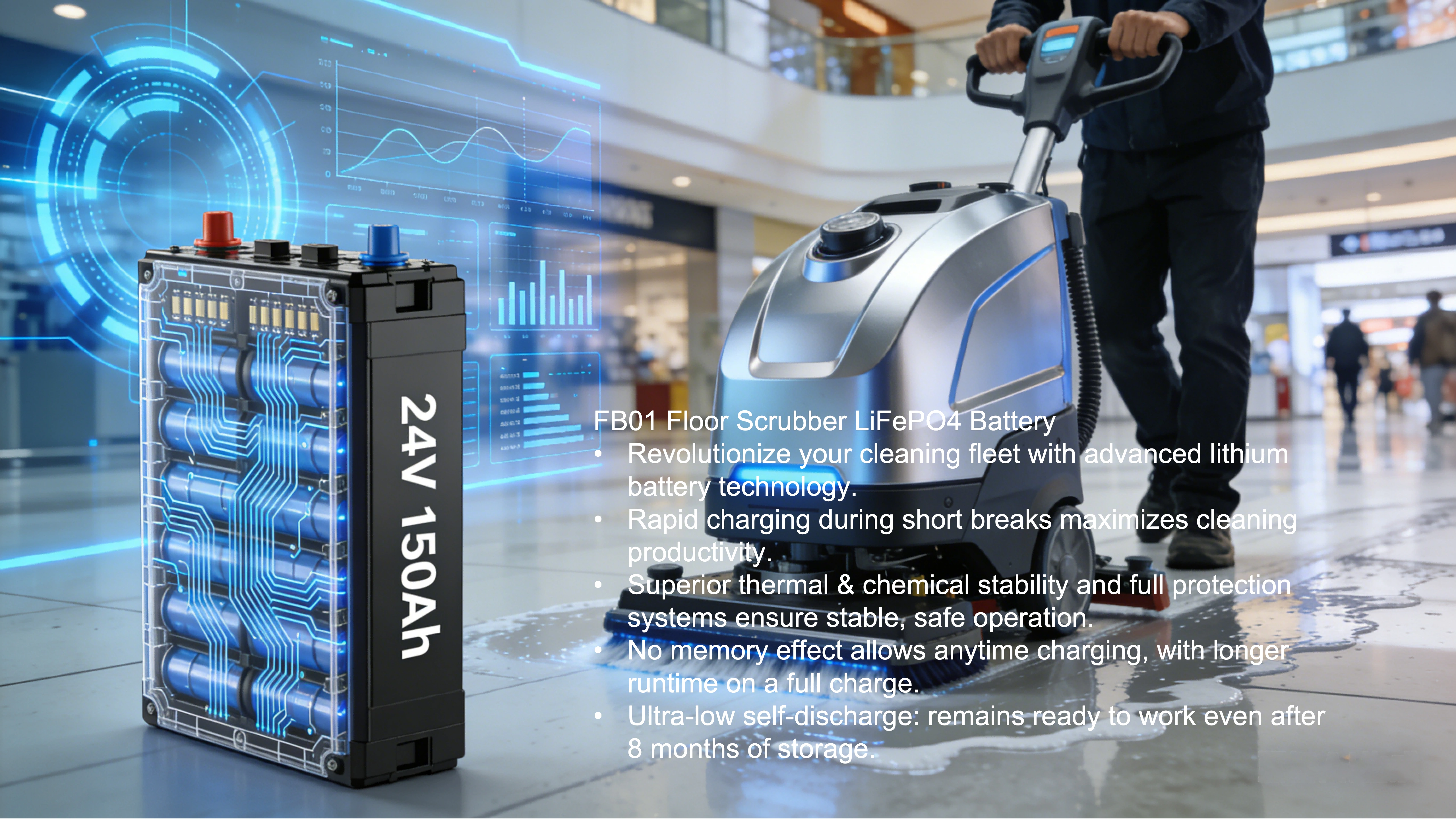 24V floor scrubber lithium battery application view