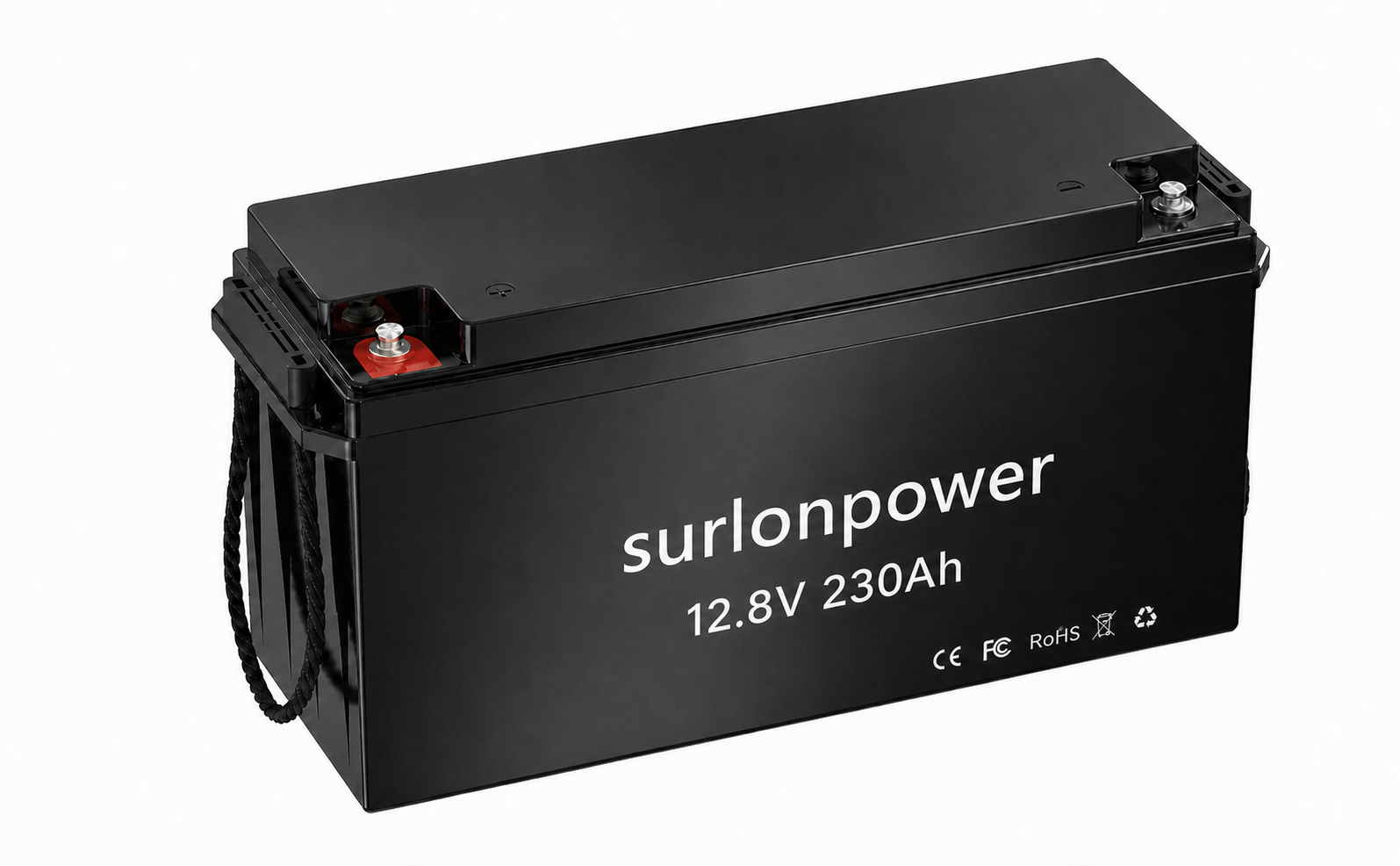 Surlonpower 12V 230Ah Bluetooth LiFePO4 battery with 2944Wh energy, 200A BMS, low-temperature protection, IP65 housing, and 2560W output for RV, marine, off-grid, and home backup power.