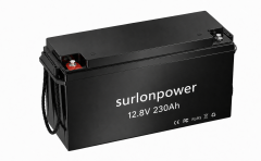 Surlonpower 12V 230Ah Bluetooth LiFePO4 battery with 2944Wh energy, 200A BMS, low-temperature protection, IP65 housing, and 2560W output for RV, marine, off-grid, and home backup power.