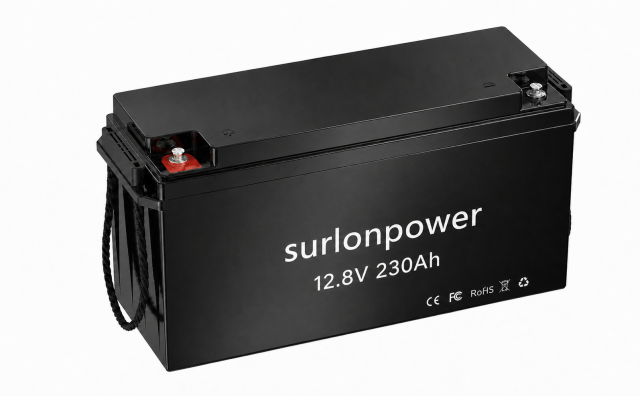 Surlonpower 12V 230Ah Bluetooth LiFePO4 battery with 2944Wh energy, 200A BMS, low-temperature protection, IP65 housing, and 2560W output for RV, marine, off-grid, and home backup power.