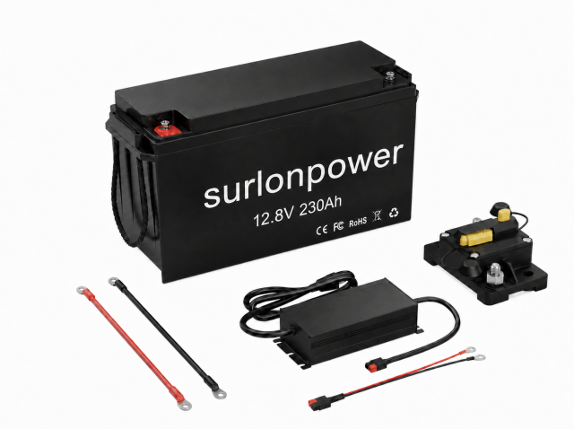 Surlonpower 12V 230Ah Bluetooth LiFePO4 battery with 2944Wh energy, 200A BMS, low-temperature protection, IP65 housing, and 2560W output for RV, marine, off-grid, and home backup power.
