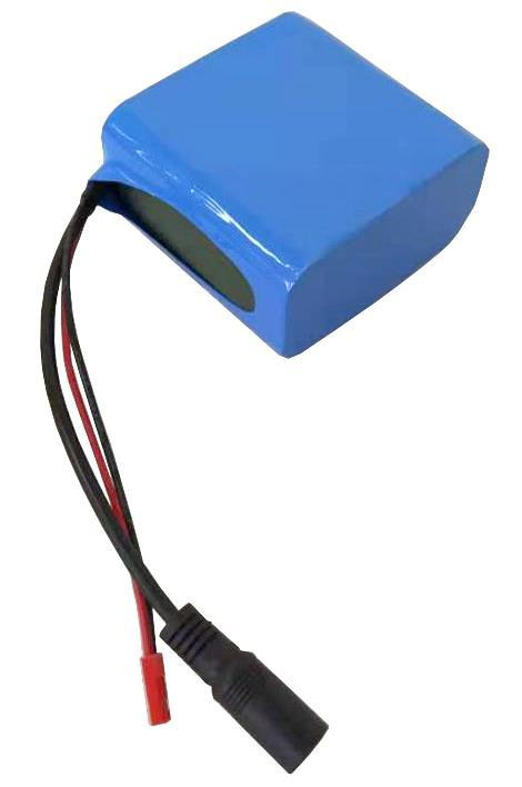 7.2V 10.4Ah 2S4P NCM lithium battery pack with blue PVC wrap, DC charging plug and JST discharge connector