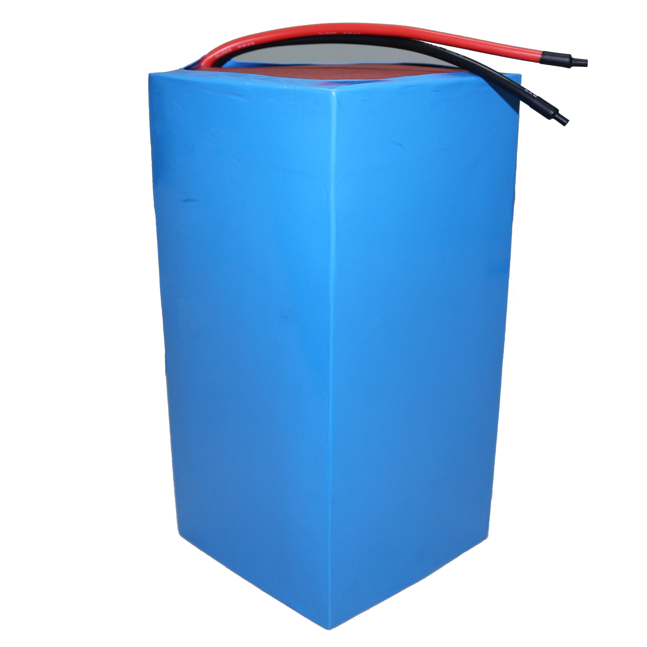 12.8V 80Ah 32700 4S13P custom LiFePO4 battery pack with blue wrap and red and black power leads - angled view