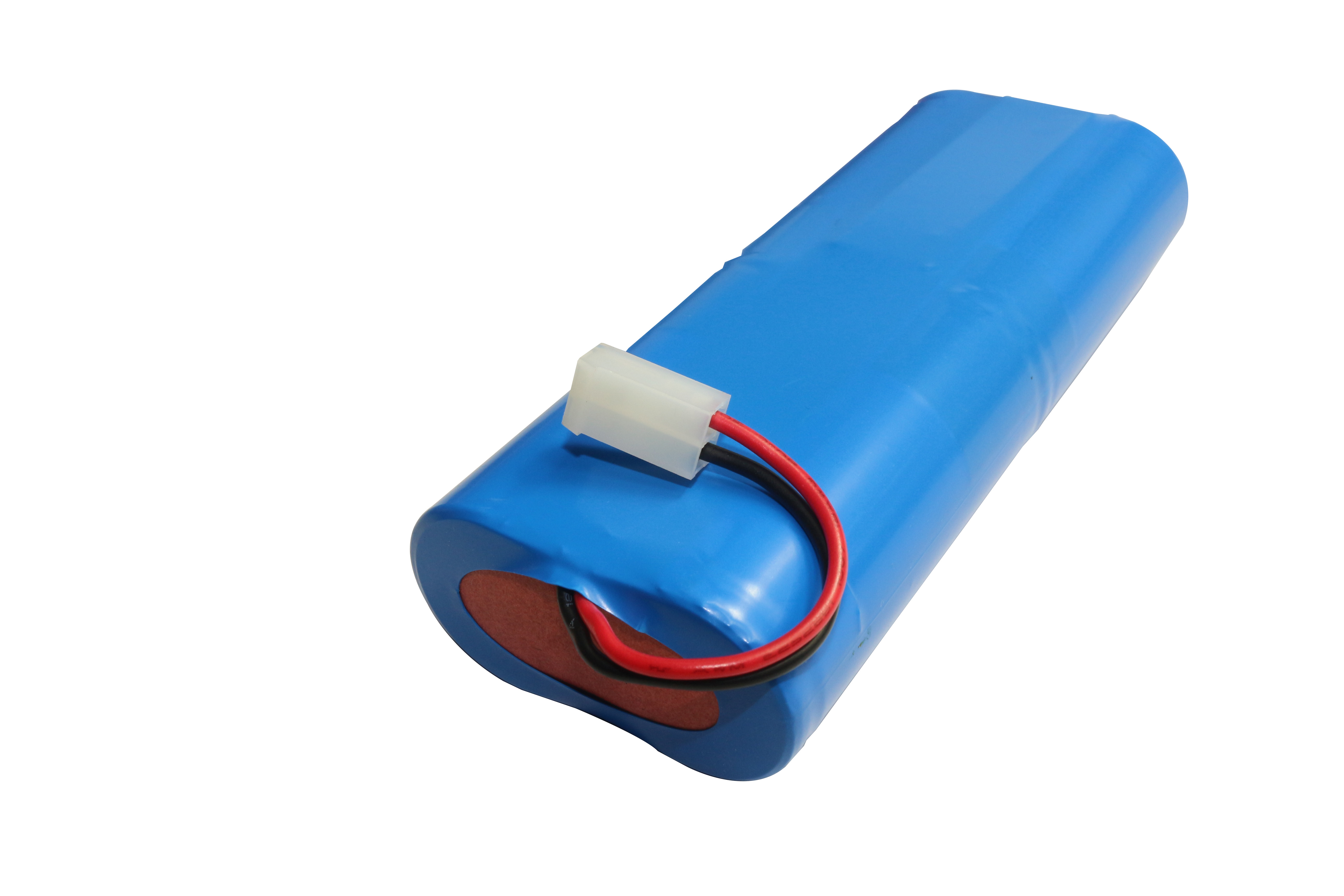 12.8V 4Ah 26650 4S1P custom LiFePO4 battery pack with blue wrap and red and black power leads and a white two-pin connector