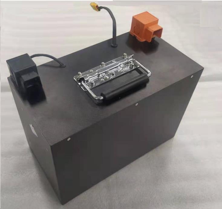 12.8V 100Ah LiFePO4 battery pack with black metal enclosure, folding handle, terminal covers and monitoring lead