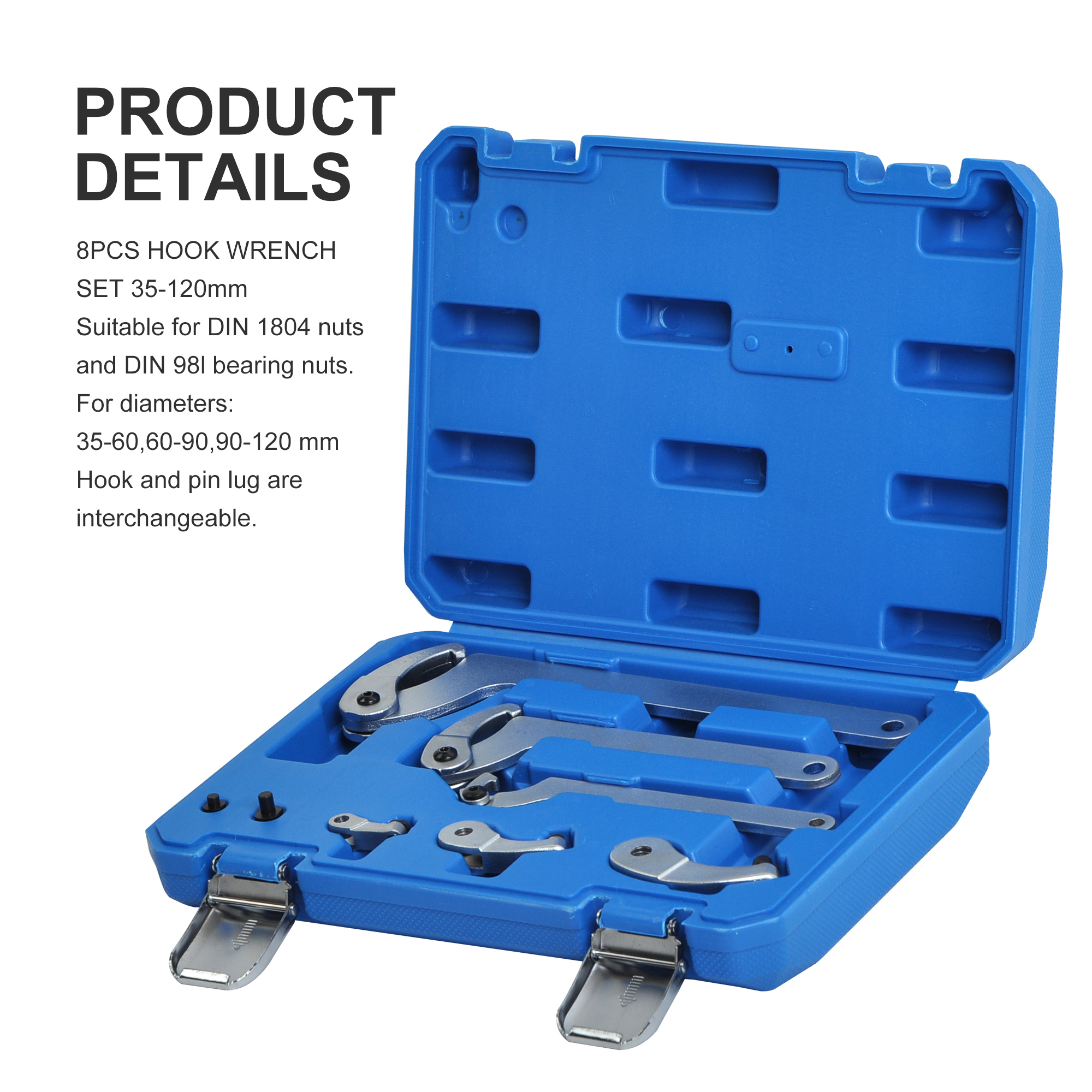 8PCS Hook Wrench Set, 35 - 120 mm