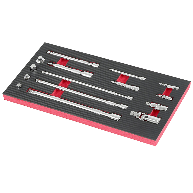 15Pcs Wobble Extension Bar Set with Tool Tray 1/4", 3/8" & 1/2" Sq Drive