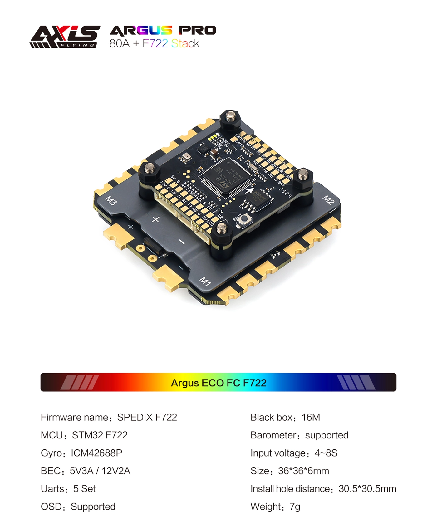 ARGUS Pro 80A Drone, STM32 F722 FC with ICM42688P gyro, 5V/12V BEC, 5 UARTs, OSD, black box, barometer, supports 4-8S, compact 36×36×6mm, 7g. Runs SPEDIX F722 firmware.