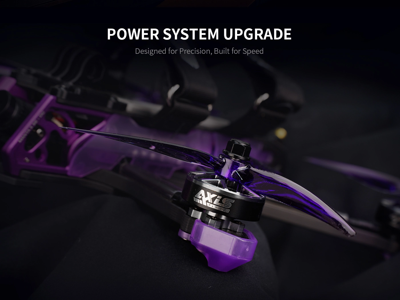 Axisflying Manta 5 SE V2 DeadCat-DC FPV, Close-up of Axisflying Manta 5 SE V2 DeadCat FPV drone motor and propeller on purple frame arm