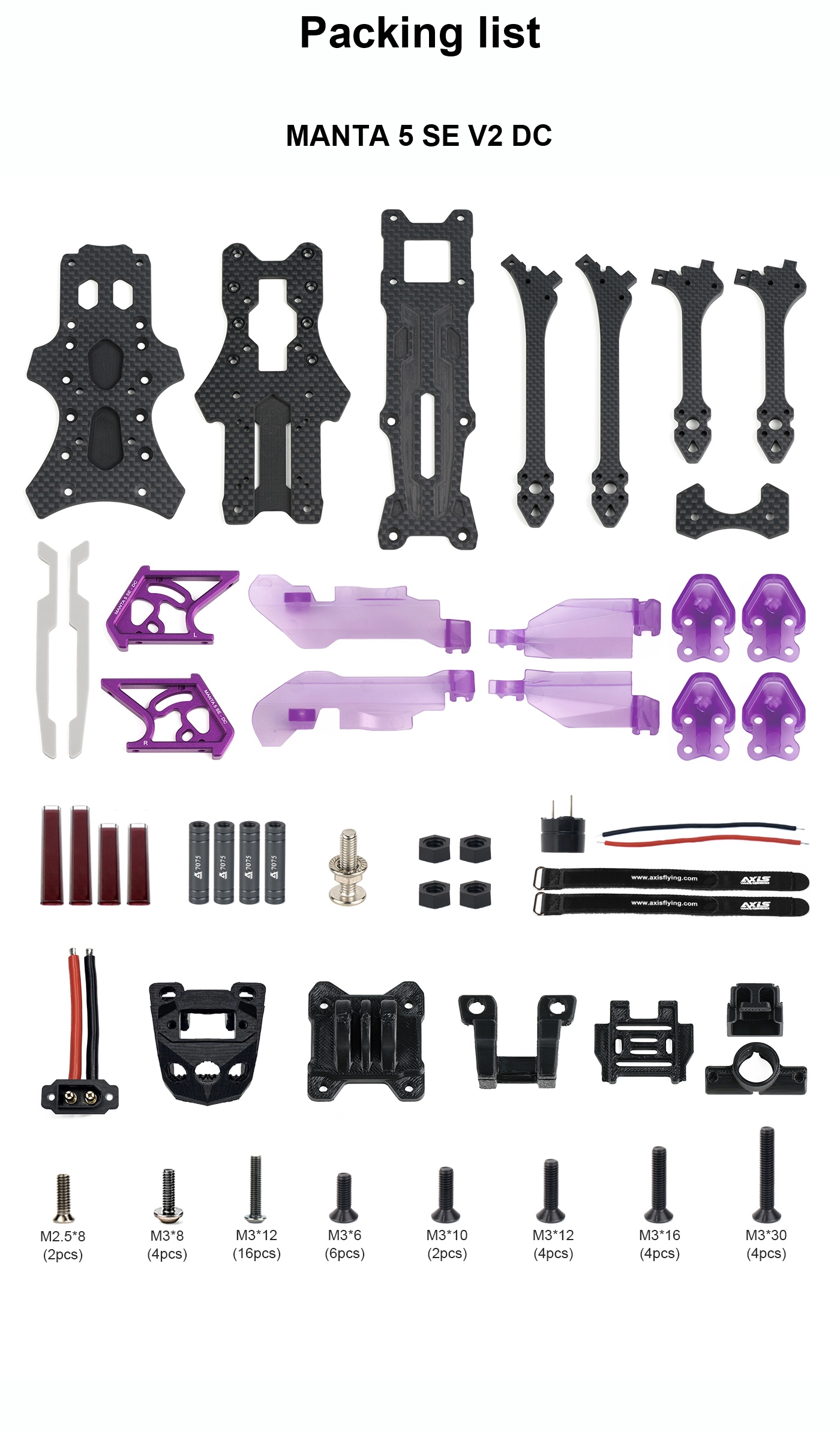 Axisflying MANTA 5 SE V2 Frame Kit (DC Squashed X), Axisflying MANTA 5 SE V2 DC frame kit packing list with carbon fiber plates, arms, TPU parts, screws and straps