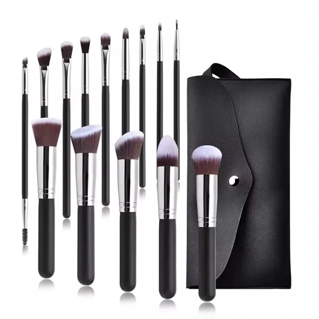 Nylon Hair Black Wooden Handle Foundation Eyebrow Brush 14pcs Vegan High Quality Makeup Brush Sets With PU Bag