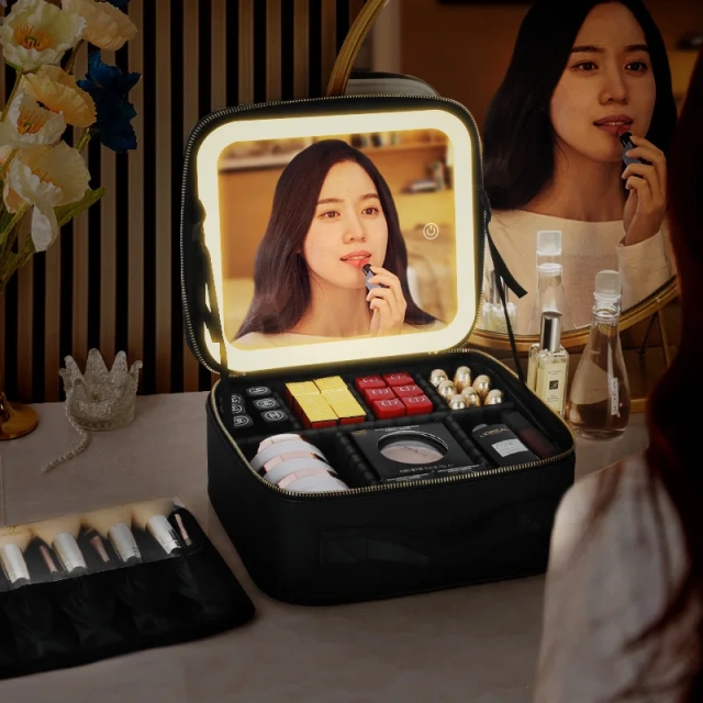 Supplier large capacity desktop beauty makeup tool kits Case with Led Light Mirror Portable professional PU storage organize cos