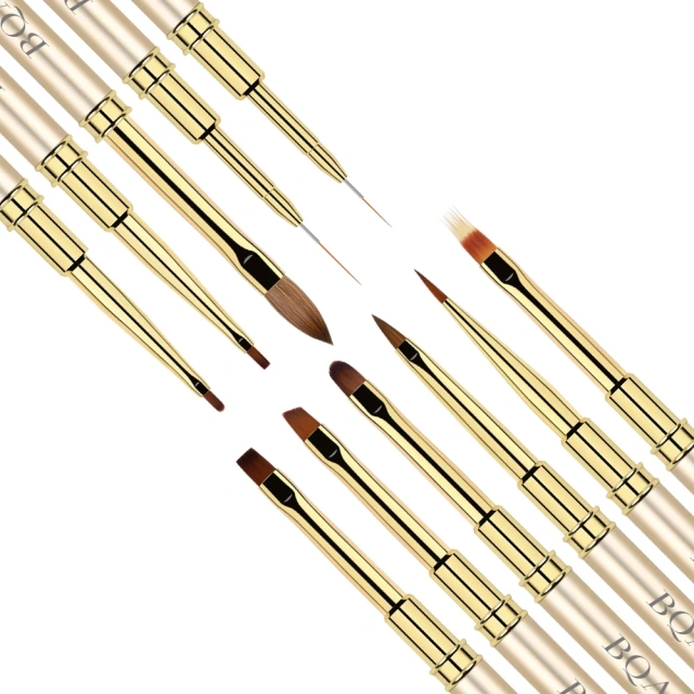 Customized LOGO Kolinsky And Nylon Gold Metal Handle Silicone Art Dotting Nail Brush Set Painting UV Gel Nail At Liner Brush