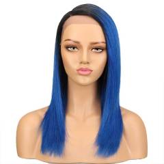 Superbar Ombre Blue Straight Human HairLace Front Wigs For Black Women