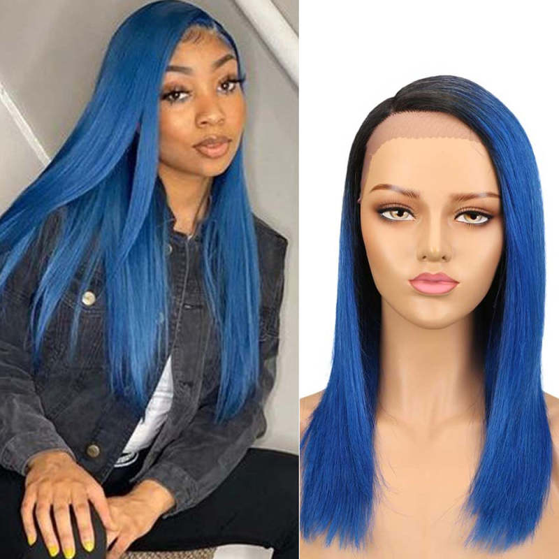 Superbar Ombre Blue Straight Human HairLace Front Wigs For Black Women